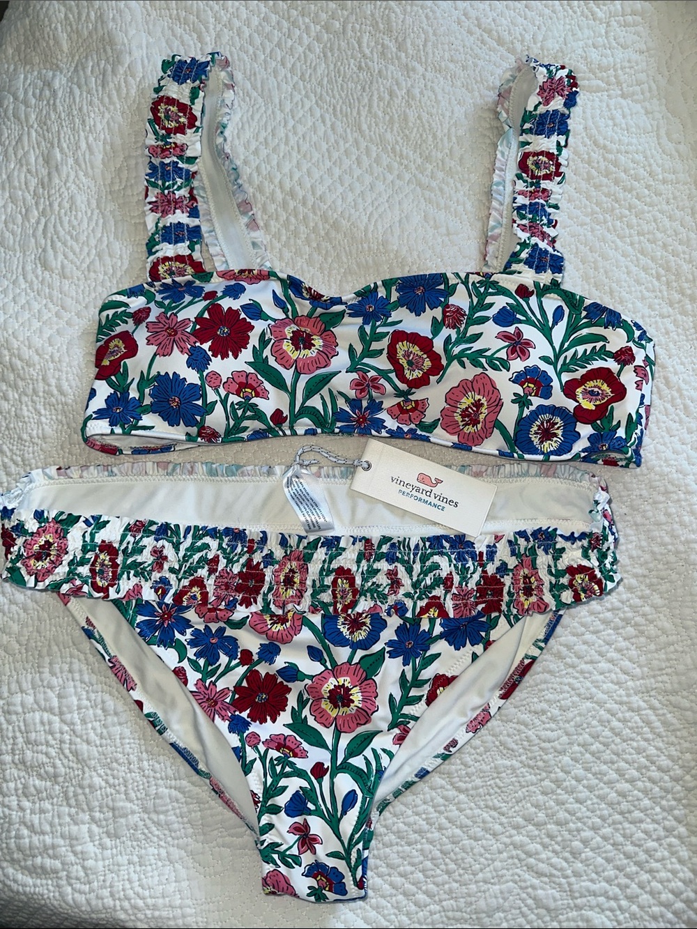 Vineyard Vines White Floral Two-Piece Bikini with Red & Blue Flowers